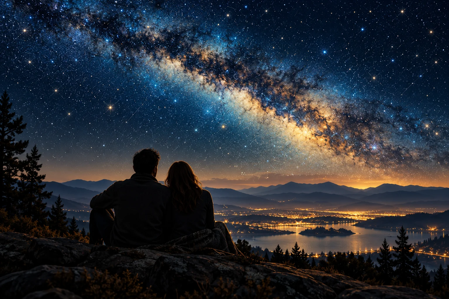 Illustration of a couple sharing an evening beneath a luminous star-filled sky.