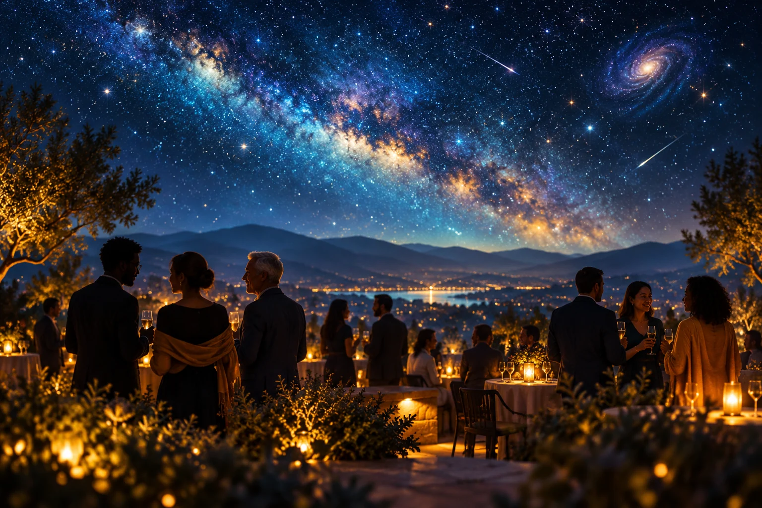 Illustration of a community gathering beneath a sweeping canopy of stars.