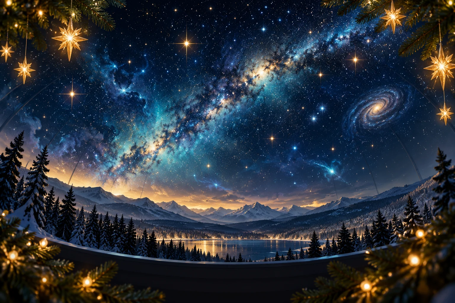 Illustration of holiday stars and evergreen branches around a winter night sky.